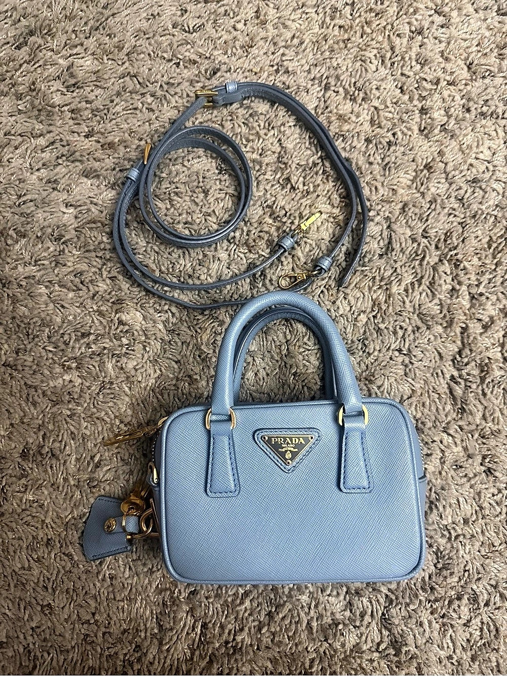 Prada Saffiano Leather Micro Duet Crossbody Bag Blue